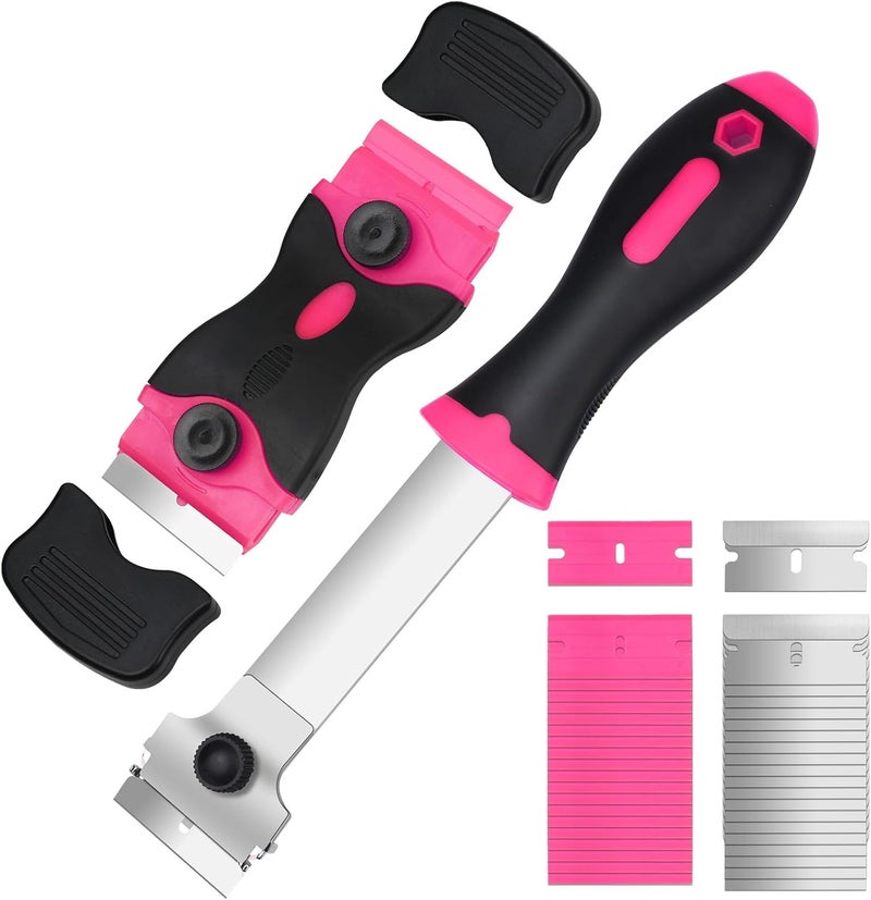Ainiv Razor Blade Scraper, 2 PCS Razor Scraper Tool with 20PCS Metal Blades and 20PCS Plastic Blades, Multi-funtional Cleaning Razor Scraper for Decals, Stickers, Labels, Caulk, Adhesive Removal(Pink) - Image 1